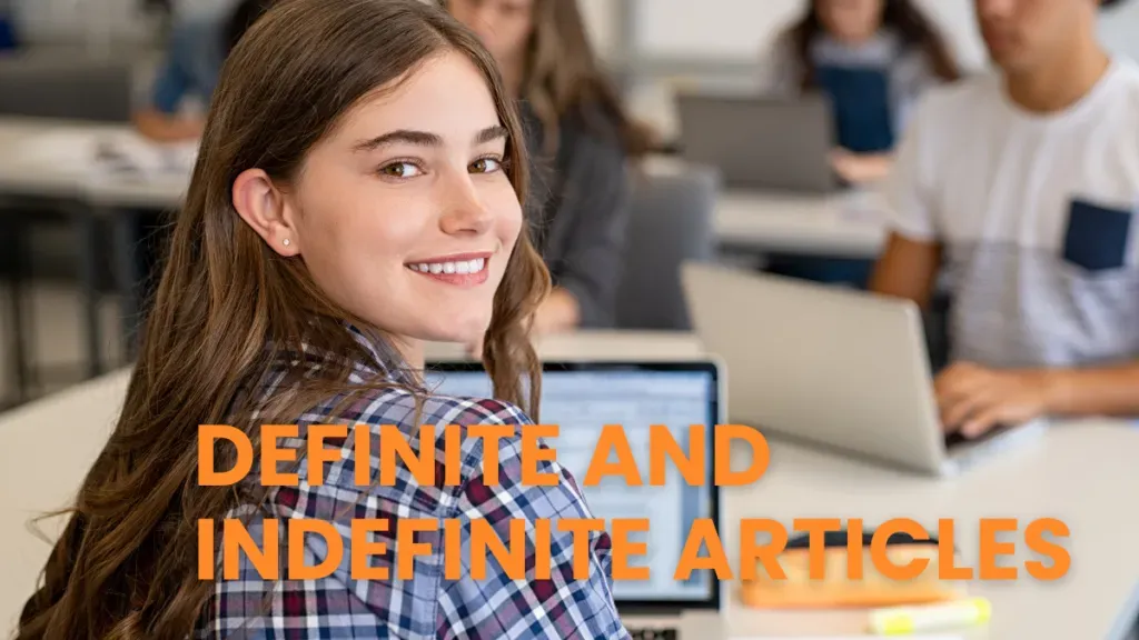 Student with a laptop learning definite and indefinite articles in French grammar.