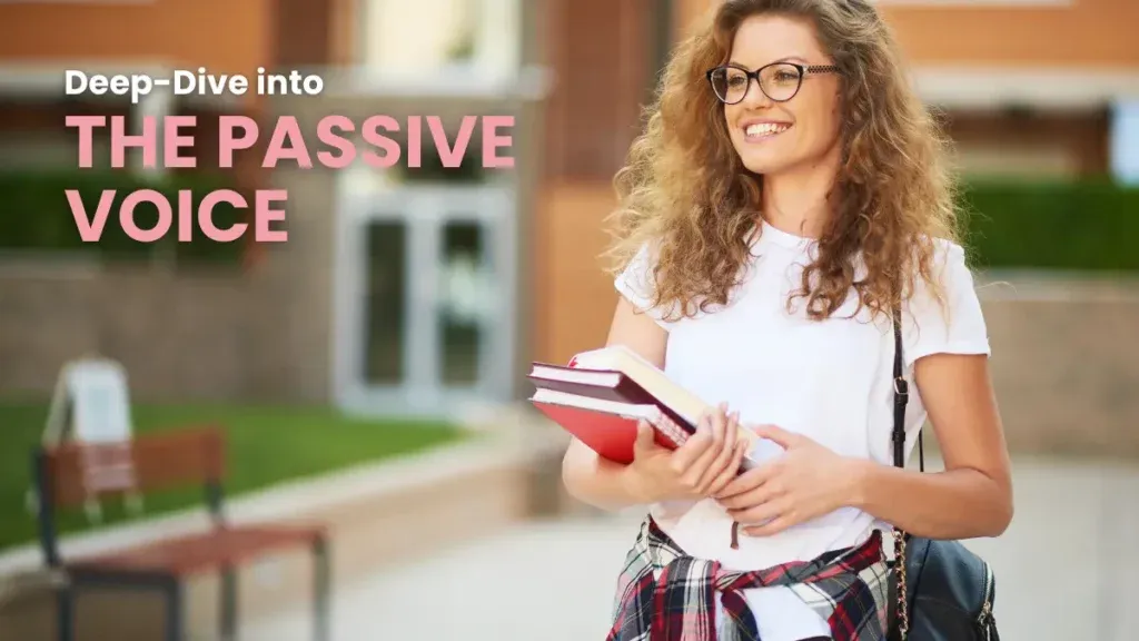 A cheerful student walking on campus holding textbooks, preparing for an in-depth study of the passive voice in German grammar.