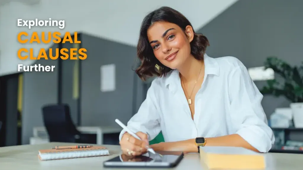 A content woman in a modern office writing on a digital tablet, exploring causal clauses further in German grammar.