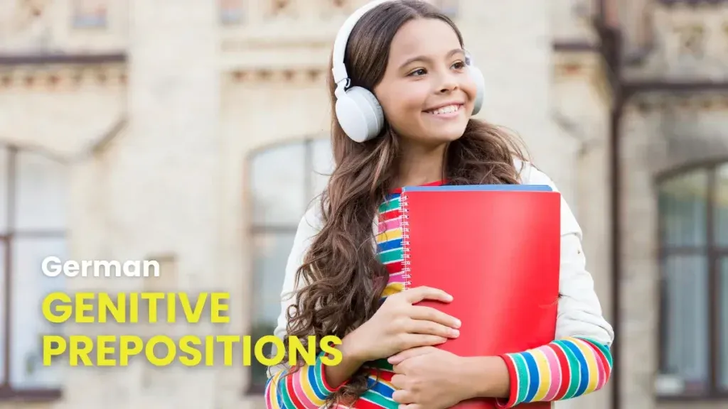 A young, happy student with headphones and colorful notebooks in front of an old academic building, learning about genitive prepositions in German grammar.