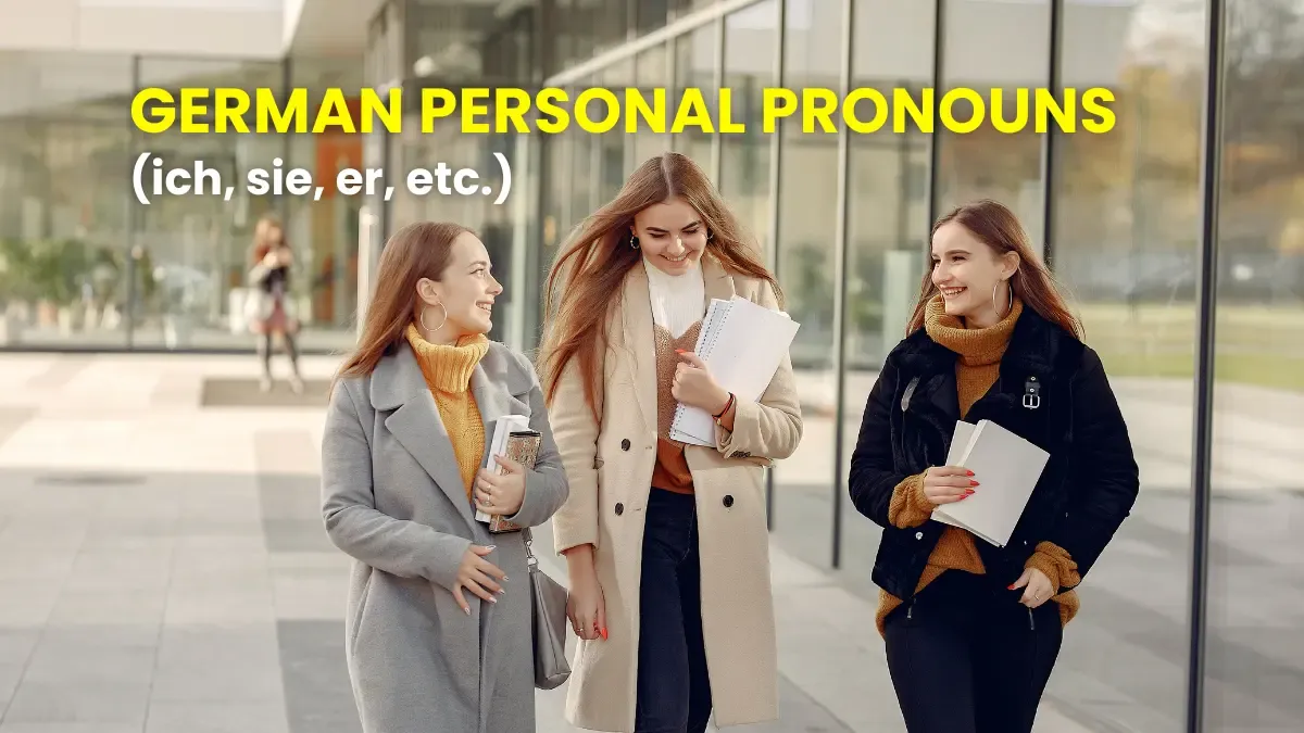 Three friends walking and chatting with notebooks, learning about German personal pronouns like 'ich', 'sie', and 'er'.