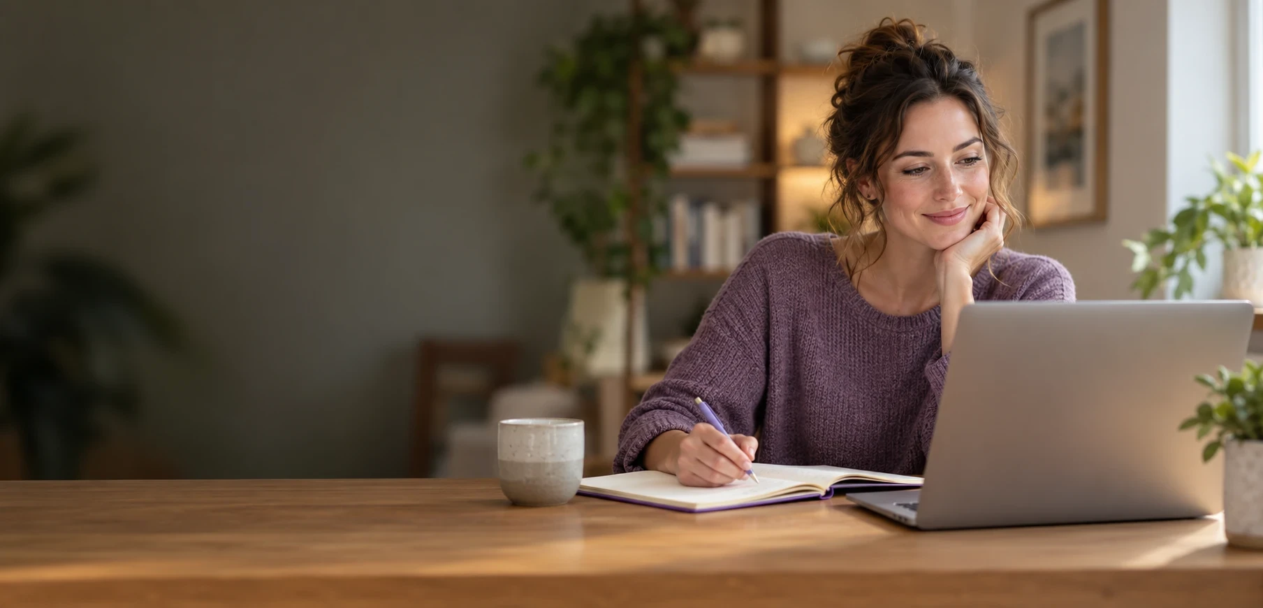 Woman studying on a laptop and taking notes in a notebook at home