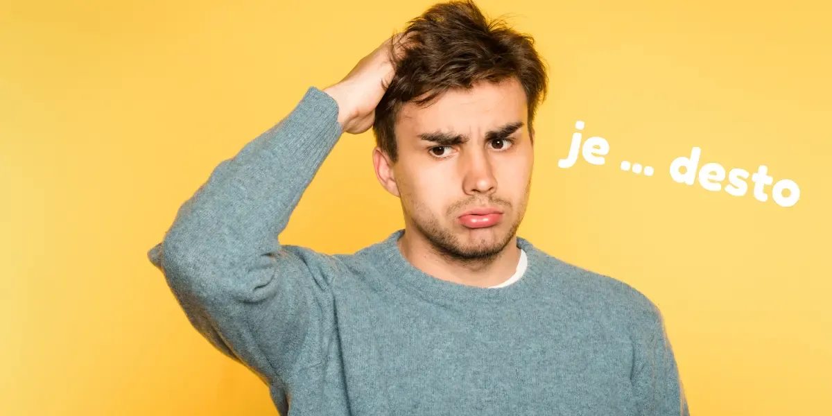 Man thinking about how to connect German sentences with je … desto.