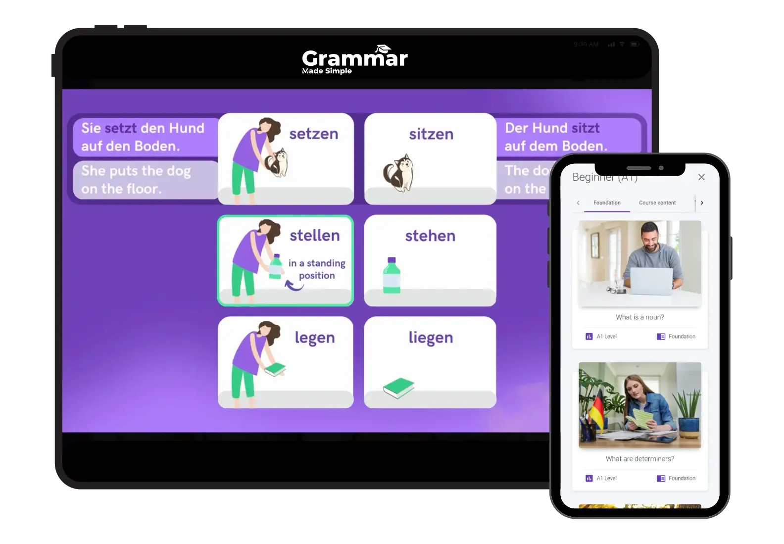 Tablet and phone showing German grammar lessons in the Grammar Made Simple course