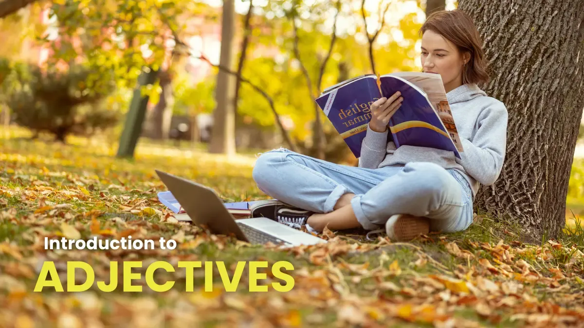 Student sitting in a park reading a book, learning about adjectives in German grammar.