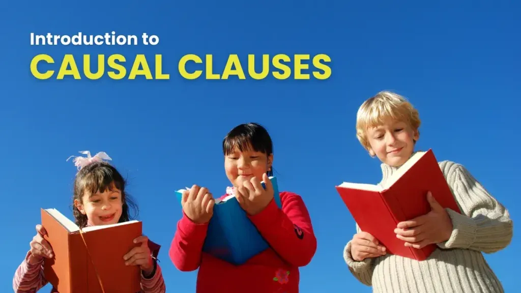 Three children joyfully learning with books against a clear blue sky background, being introduced to causal clauses in German grammar.
