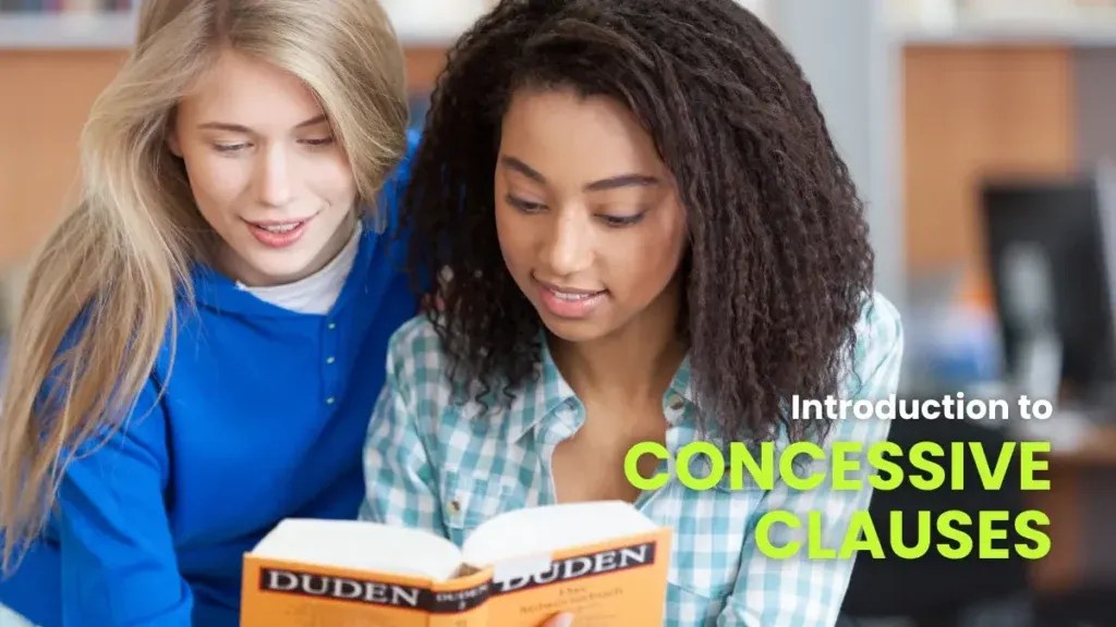 Two students with a Duden dictionary, studying together and learning about concessive clauses in German grammar.