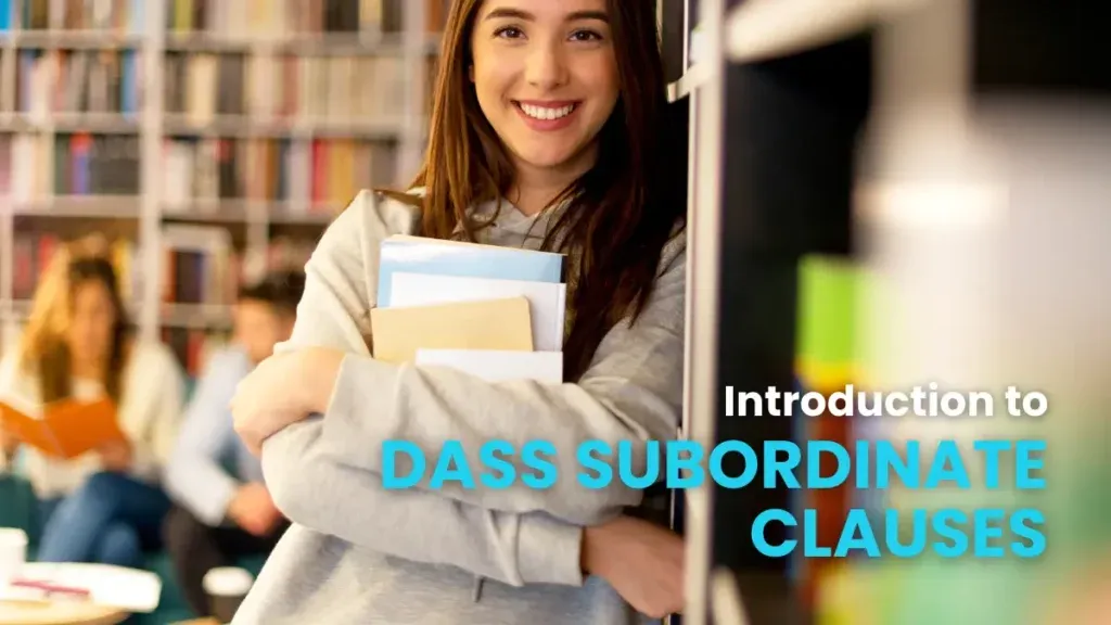Student in a library learning about dass subordinate clauses in German grammar.