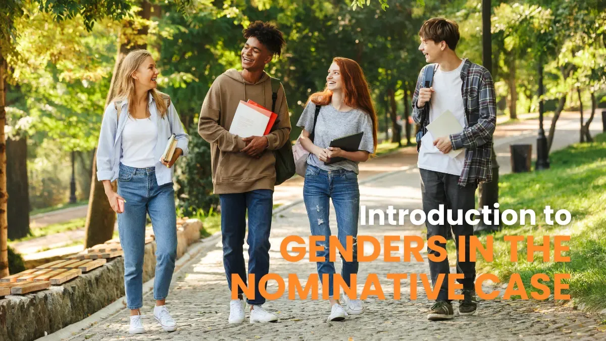 Group of students walking together outdoors, discussing genders in the nominative case in German grammar.