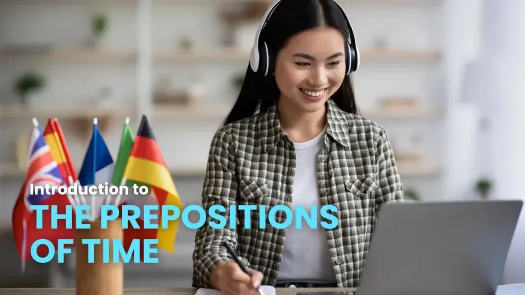 A diligent student wearing headphones and taking notes, participating in an online course on the prepositions of time in German.