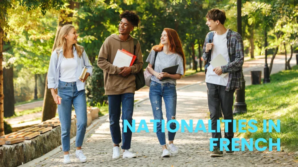 Students walking outdoors while learning nationalities in French.