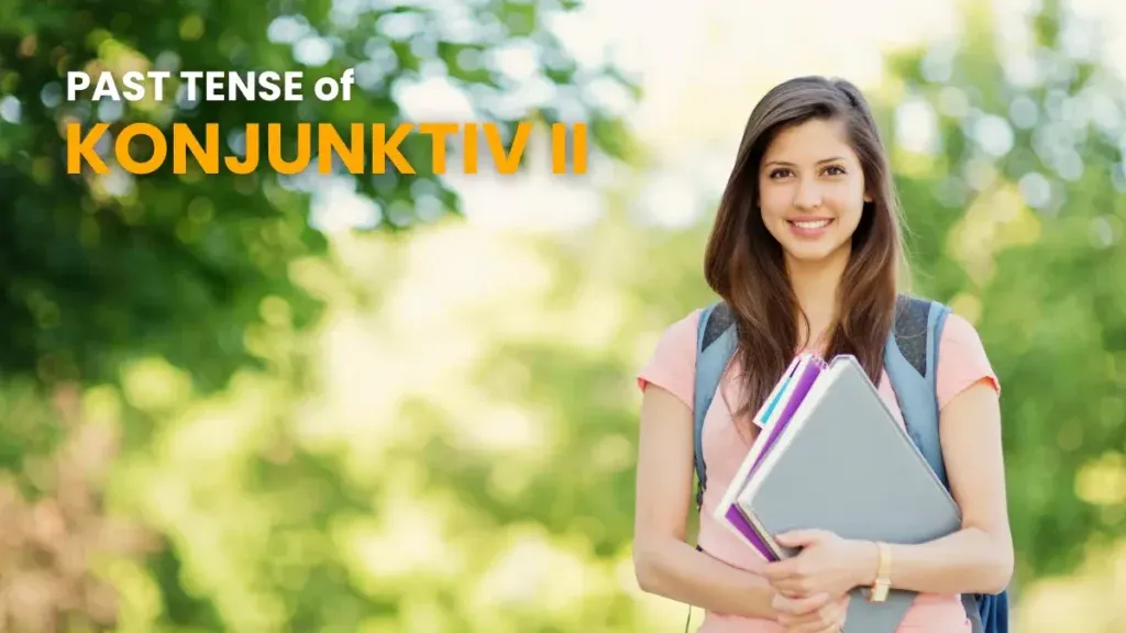 A smiling student carrying textbooks on a lush green campus, ready to study the past tense of Konjunktiv II in German grammar.