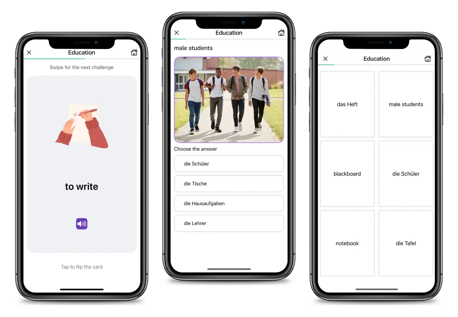 Three phone screens showing German vocabulary practice in the 2Bfluent app