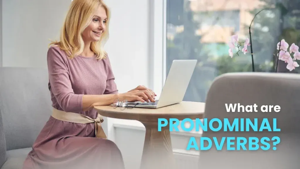 A focused woman in a cozy home office setting learns about pronominal adverbs in German, typing on her laptop with a thoughtful expression.