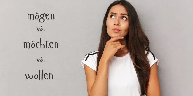 Woman comparing the German verbs mögen, möchten and wollen.