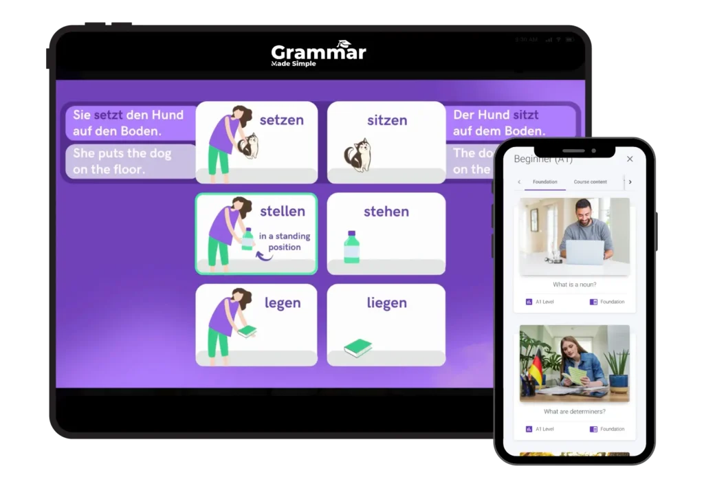 Screenshot of Grammar Made Simple platform featuring a user-friendly interface for interactive German grammar learning with visual examples.