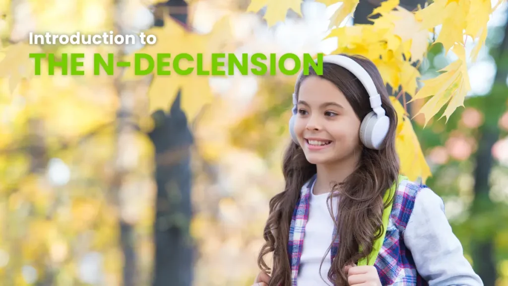Cheerful girl wearing headphones walking in a park with autumn leaves, being introduced to the N-declension in German grammar.