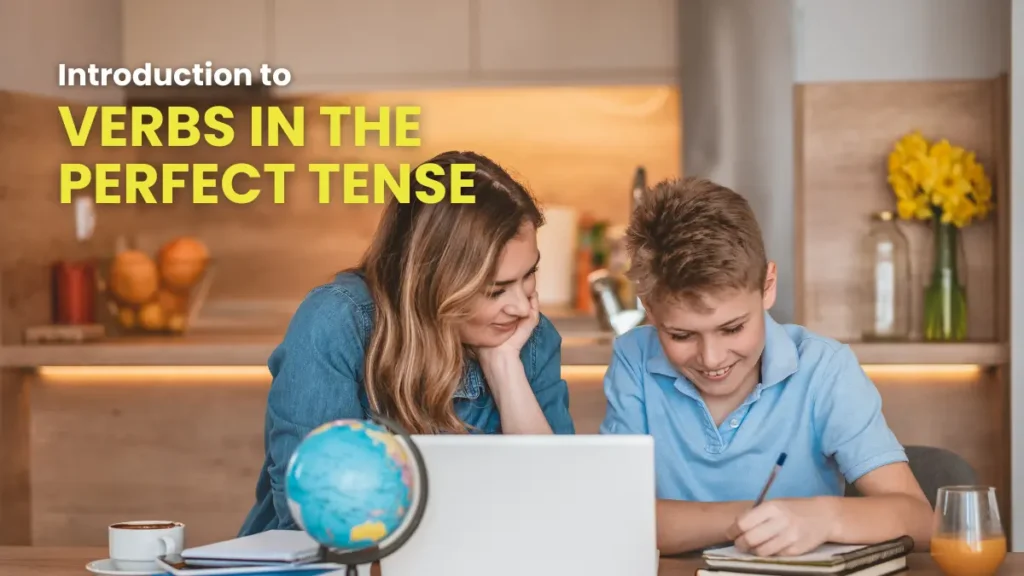 Pair studying at a kitchen table, delving into verbs in the perfect tense for German.