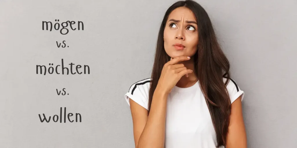 A woman with a thoughtful expression ponders the difference between 'mögen', 'möchten', and 'wollen' in German.