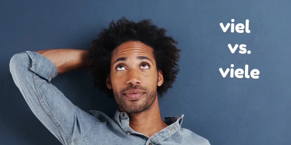 A man with a pondering expression learning the difference between 'viel' and 'viele' in German.