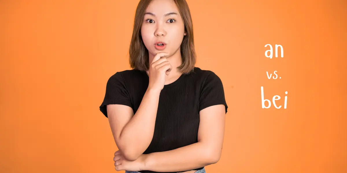 A woman with a thoughtful expression as she learns the difference between 'an' and 'bei' when describing locations in German.