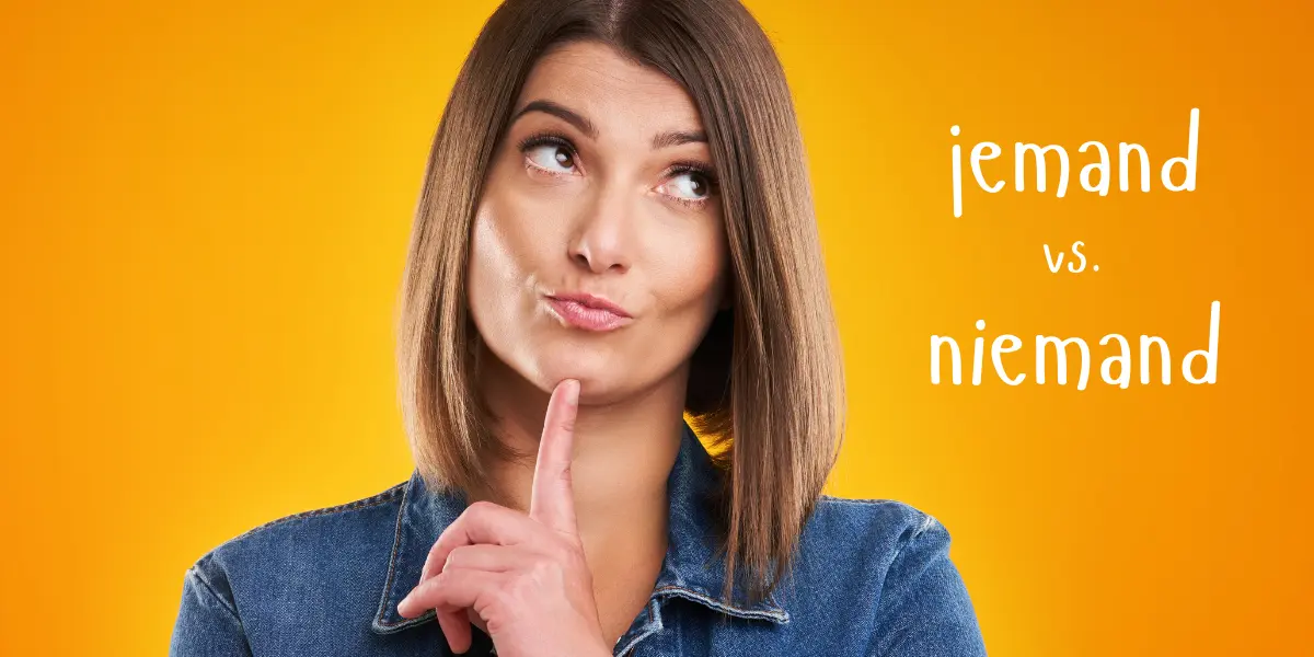 A woman ponders while learning how to differentiate and use 'jemand' and 'niemand' correctly in German.